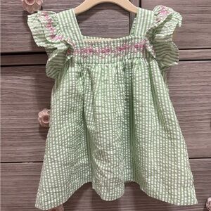 Green Seersucker Top with Pink Embroidery